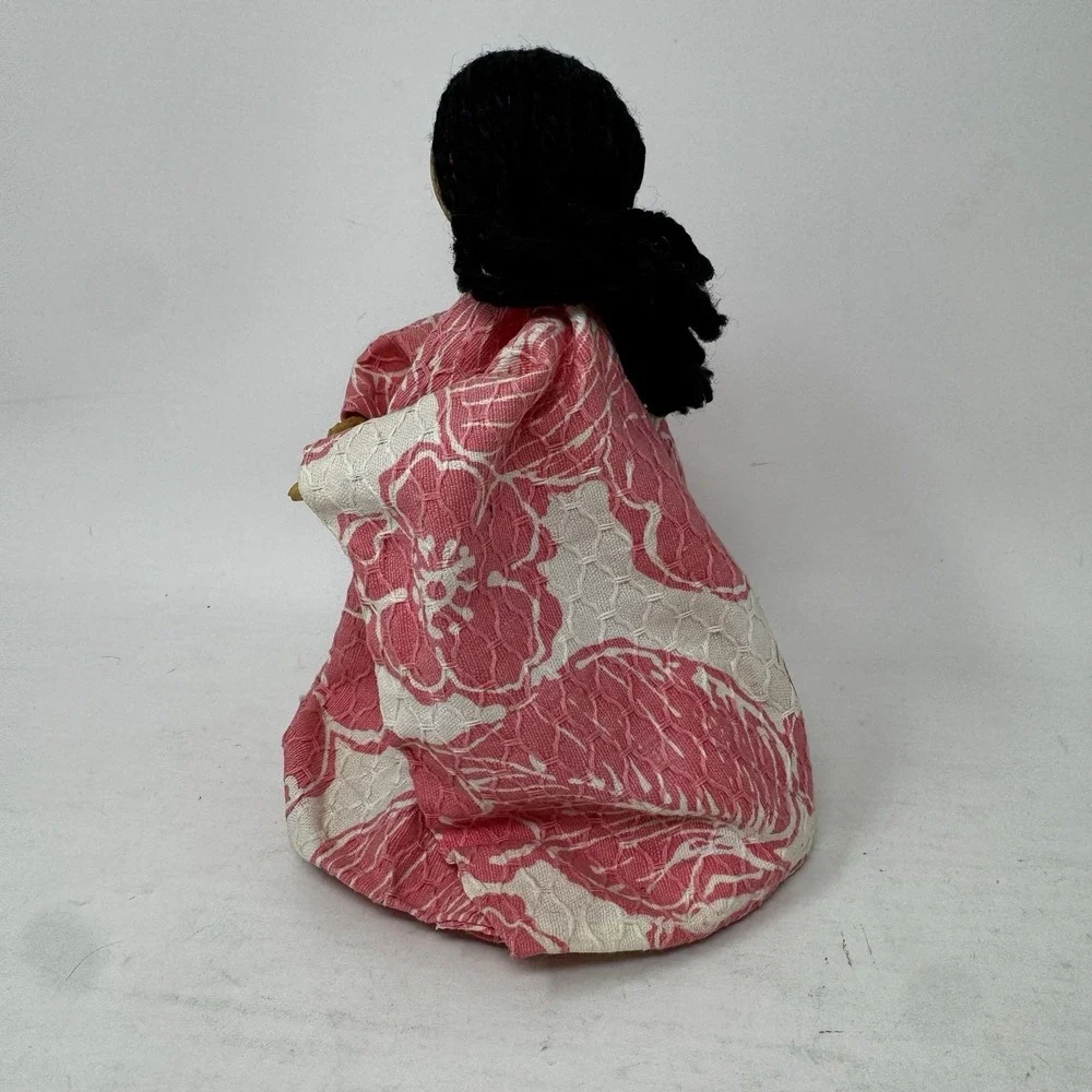 Vintage FOLK ART 7.5 DOLL CORK HEAD Japanese Yarn Hair Collector Pink Dress Girl